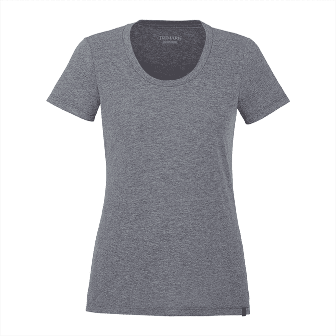 A women's short sleeve tee in grey, featuring a round neckline and a subtle logo.