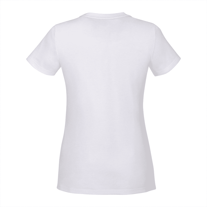 A women's short sleeve tee in white, featuring a fitted design and a logo on the back.