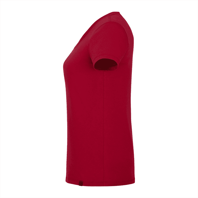 A red short sleeve women's t-shirt featuring a round neckline and a small logo at the hem.
