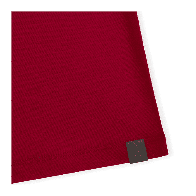 A short sleeve women's tee in deep red with a small logo tag at the hem.