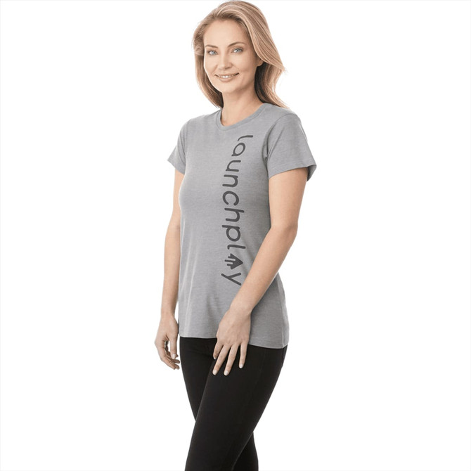 A women's short sleeve tee in grey, featuring a vertical logo on the side and a fitted design.