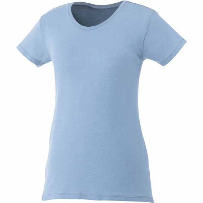 A light blue women's short sleeve tee with a classic crew neckline and a fitted silhouette. It has a logo.