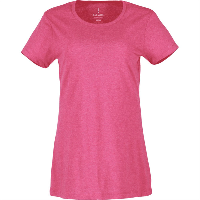 A short sleeve women's tee in a vibrant pink hue, featuring a rounded neckline and a soft fabric.