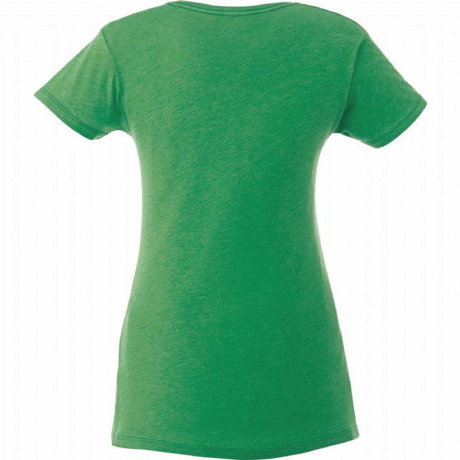 A green women's short sleeve tee with a slim fit, featuring a simple back design and a logo.