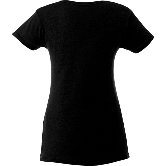 A black women's short sleeve tee with a fitted design and a smooth back. It features a logo.