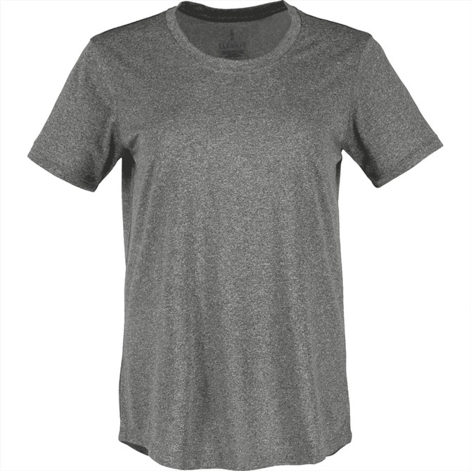 A grey short sleeve tech tee for women, featuring a round neckline and a subtle logo.