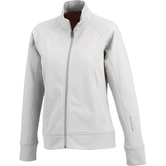 A light grey women's knit jacket with a zip, side pockets, and a collar, featuring a logo on the sleeve.