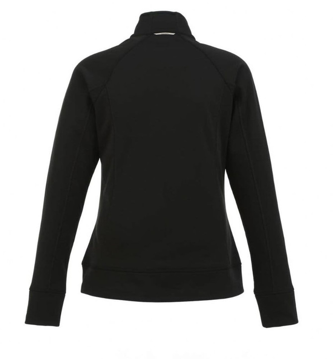 A women's Okapi Knit Jacket in black, featuring a high collar and long sleeves, with a logo on the back.