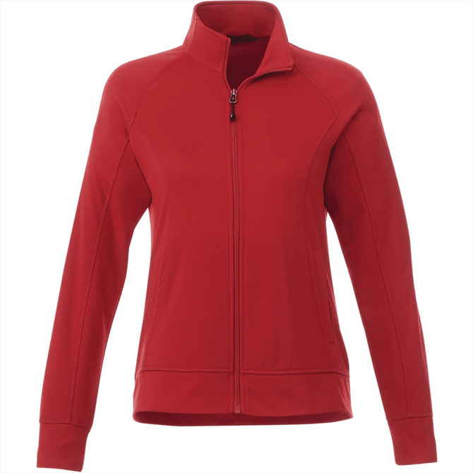 A red women's knit jacket with a high collar and full zip, featuring long sleeves and a fitted design.
