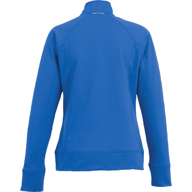 A women's blue knit jacket with a high collar and long sleeves, featuring a logo on the back.