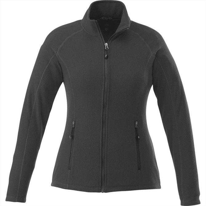 A women's polyfleece jacket in dark grey, featuring a zip front and two zippered pockets.