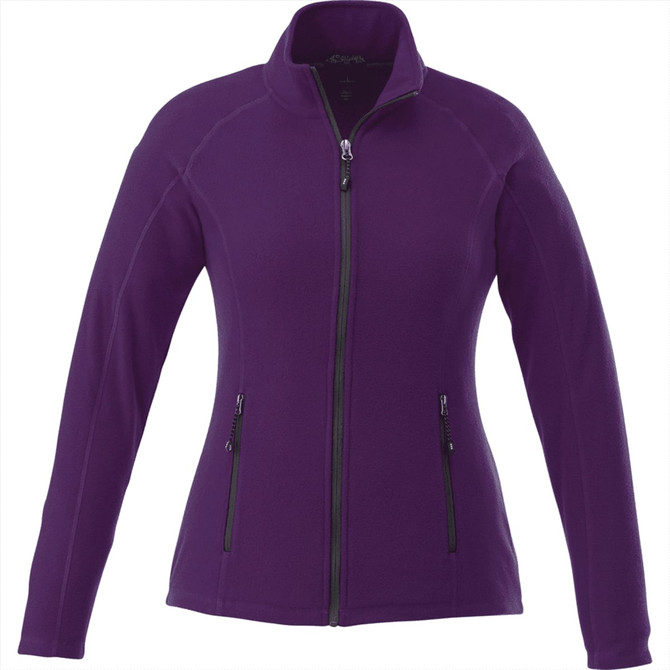 A women's polar fleece jacket in a rich purple colour featuring a zip front and side pockets. It has a logo.