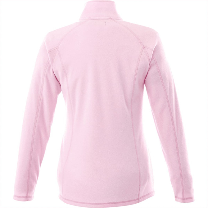 A pink women's polar fleece jacket featuring a high collar and long sleeves, with a logo on the back.