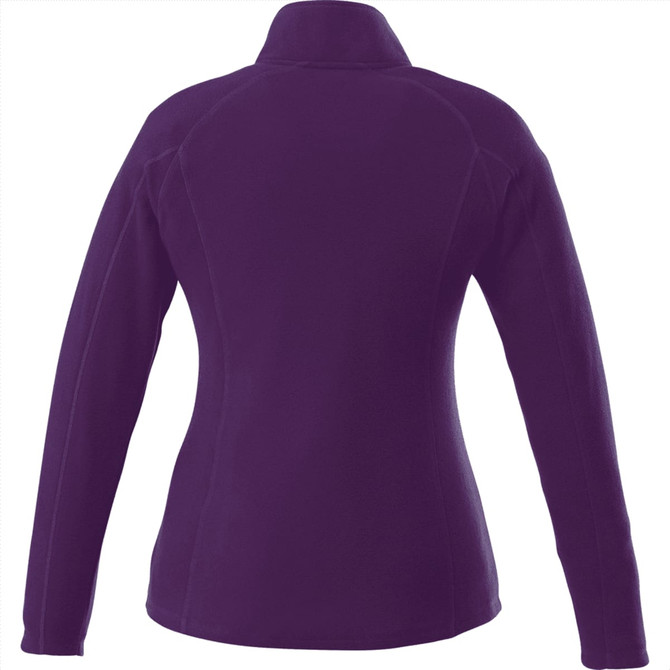 A purple polyfleece jacket for women, featuring a high collar and fitted design, with a logo on the back.