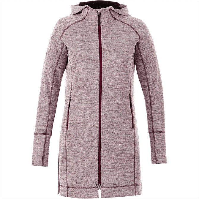 A women's hoodie in a maroon and grey flecked design with a zip front and hood, featuring side pockets.