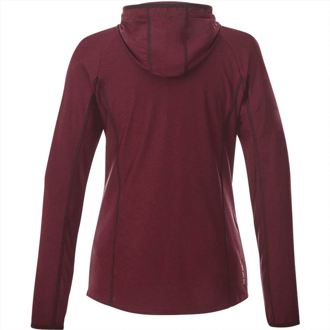 A women's knit jacket in burgundy with a hood and fitted sleeves, featuring a logo on the lower side.