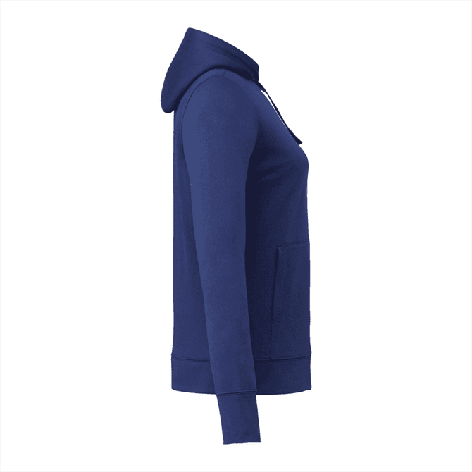 A navy blue women's hoody with a zip front, fitted silhouette, and a pocket at the front. It features a logo.