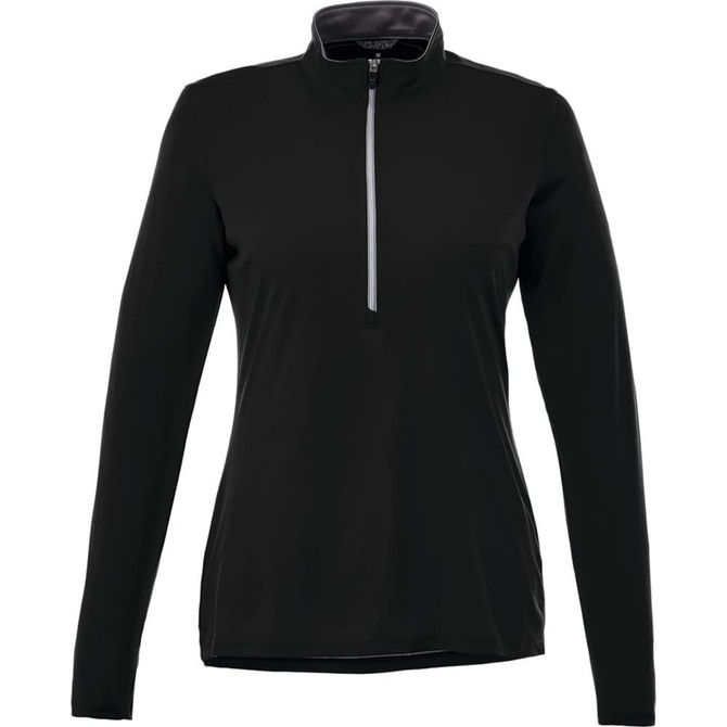 A black women's half-zip jacket with long sleeves, featuring a zippered collar and a branding logo.