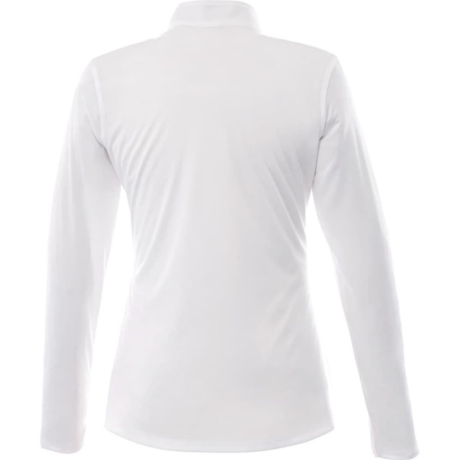 A women's half zip jacket in white, featuring long sleeves and a simple design. It has a logo on the back.