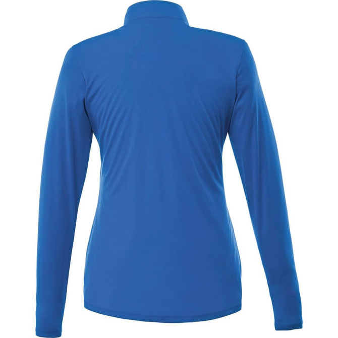 A women's half-zip jacket in blue, featuring long sleeves and a sleek design. Includes a logo on the back.