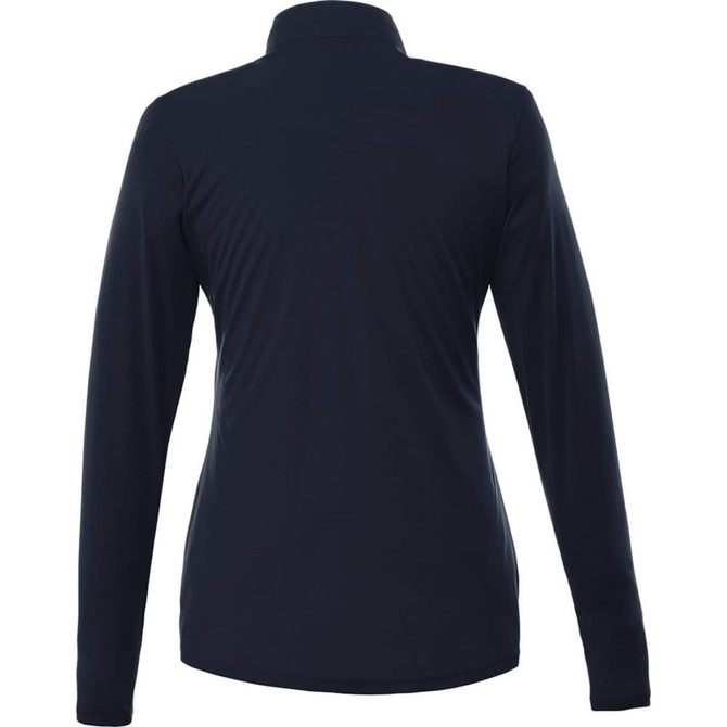 A women's half-zip jacket in navy blue, featuring long sleeves and a smooth fabric finish. It has a logo on the back.