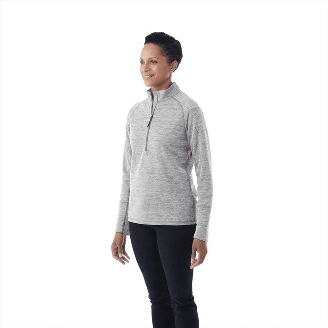 A grey knitted half-zip jumper for women, featuring long sleeves and a stylish, relaxed fit. It has a logo.