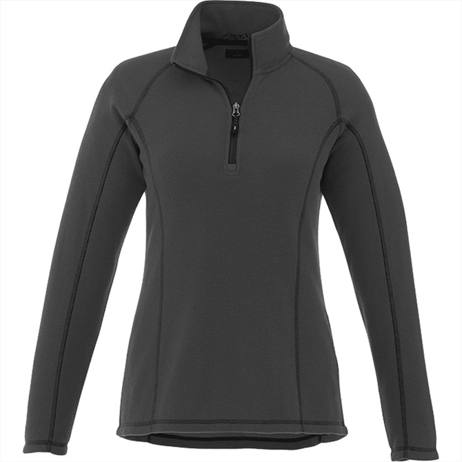 A women's polar fleece half zip jacket in dark grey with long sleeves and a zippered collar. Features a logo.