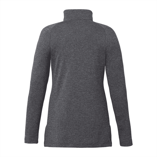 A quarter zip female jacket in a dark grey colour featuring a high collar and long sleeves. It has a logo.