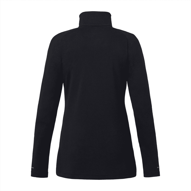 A women's quarter zip jacket in black, featuring long sleeves and a high collar. It includes a logo on the sleeve.