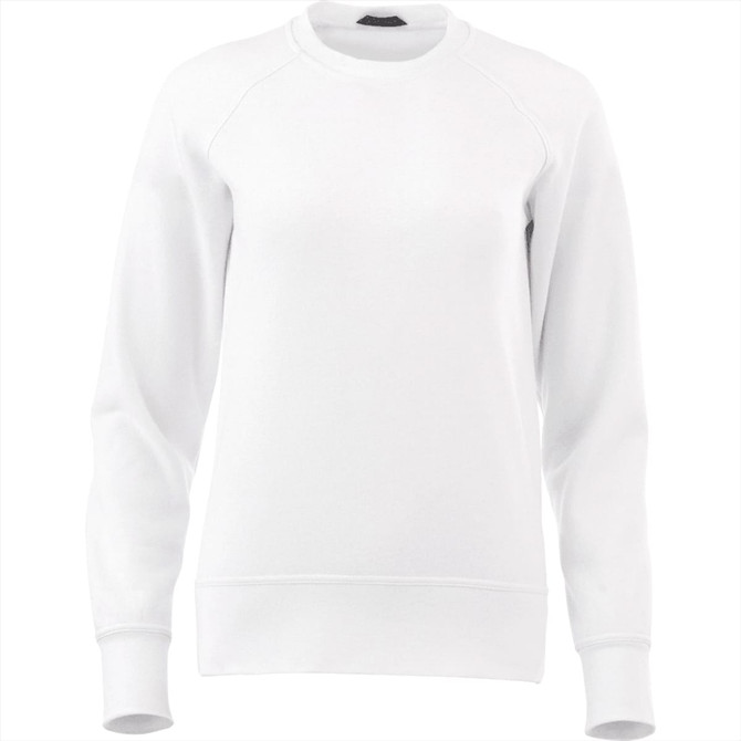 A white women's fleece crew jumper featuring a round neckline and long sleeves. Includes branding on the garment.