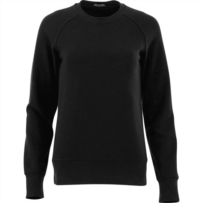 A black fleece crew jumper for women, featuring a classic design and long sleeves. Includes a logo.