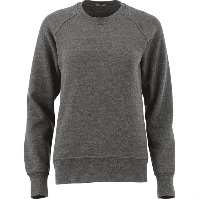 A grey women's crew jumper featuring long sleeves and a relaxed fit, with a logo on the garment.