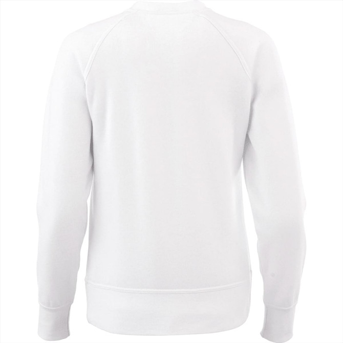 A white women's fleece crew jumper with a simple design and a logo on the back.