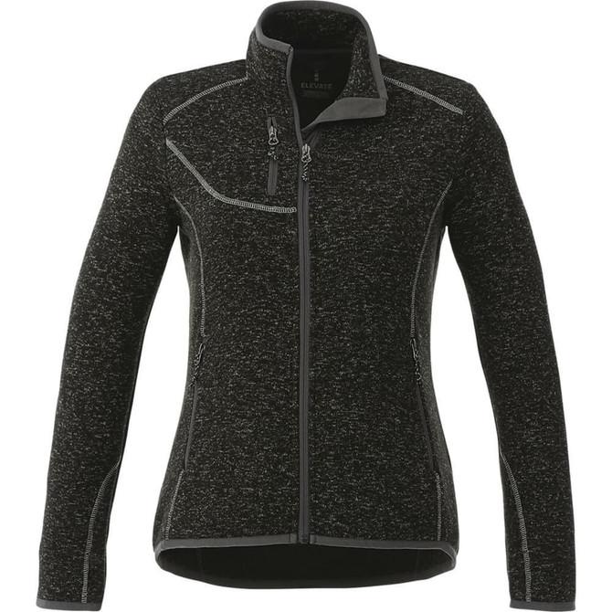 A women's black knit jacket featuring a zip front and grey accents, with two side pockets and a logo.