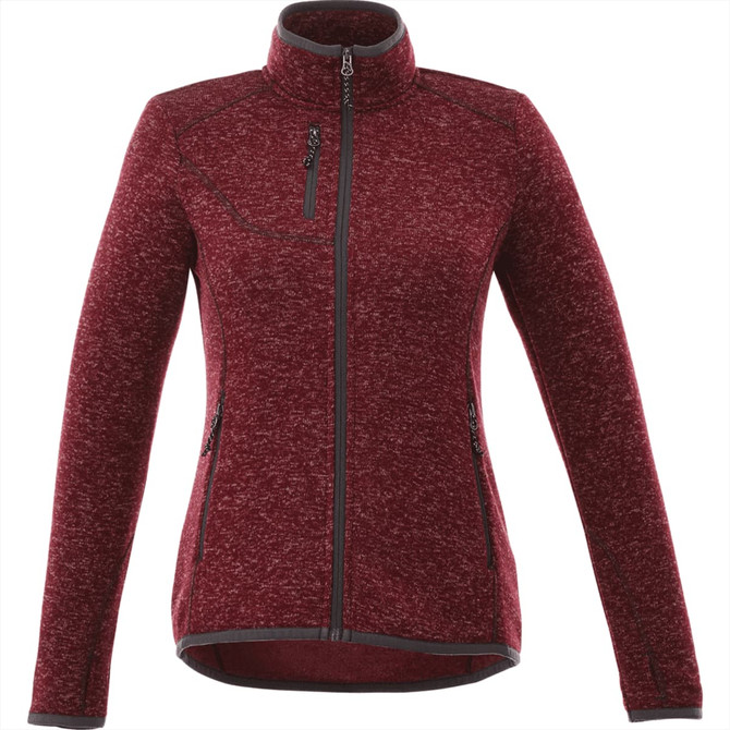 A women's knit jacket in a rich burgundy colour with zippered pockets and a high collar. Features a logo.