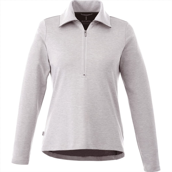 A light grey women's jumper with a half zip and long sleeves, featuring a subtle logo.