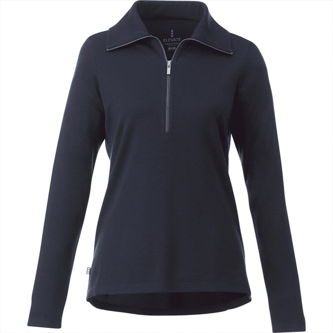 A women's navy knitted jumper featuring a half zip and a collar, with a logo on the front.