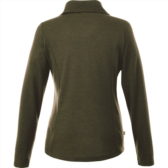 A green knitted jumper with a half zip and a high collar, featuring long sleeves and a subtle, textured pattern.