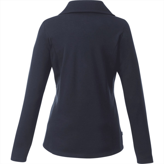A women's knitted jumper in navy with a half zip and a collar, featuring a logo on the side.