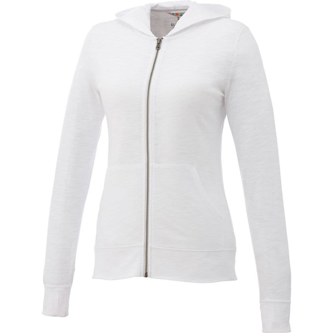 A white women's full zip hoody featuring a hood and front pockets, with a logo on it.