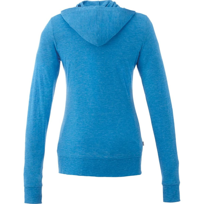 A blue women's full zip hoody with a relaxed fit and long sleeves, featuring a hood at the back and a logo.