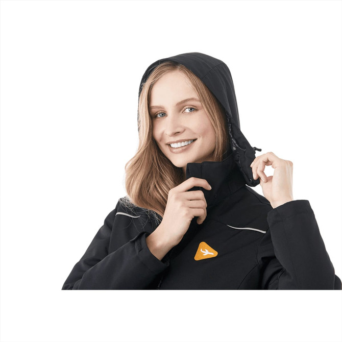 A women's black fleece lined jacket featuring a hood and a logo, designed for warmth and comfort.