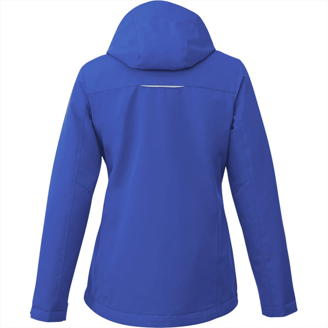 A blue women's fleece lined jacket with a hood and a reflective detail on the back. It has a logo.