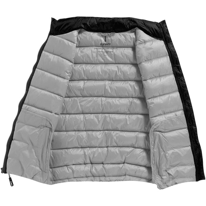 A black insulated vest for women, featuring a grey interior and a zippered front. It has pockets and a logo.