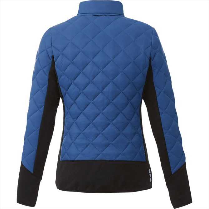 A women's insulated jacket in blue with black accents, featuring a quilted design and a branded logo on the back.