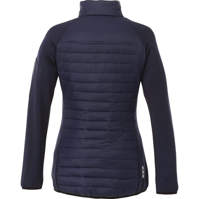 A women's navy insulated jacket with a quilted design and a high collar, featuring a logo on the sleeve.