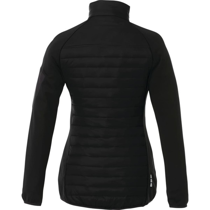 A black women's insulated jacket with a fitted design and a high collar, featuring a logo.
