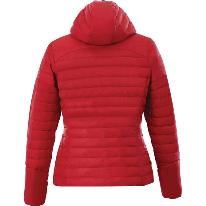 A red insulated women's jacket with a hood, featuring a quilted design and branding.