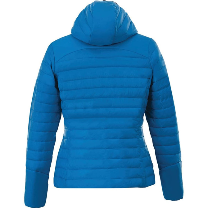 A women's insulated jacket in bright blue with a hood and a quilted design at the back. Features a brand logo.