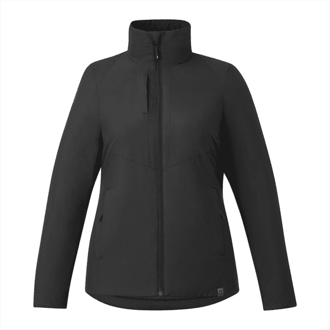 A black women's puffer jacket featuring a zip-up front and a high collar, with side pockets and a logo.